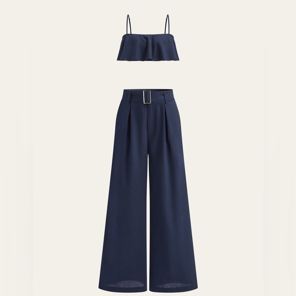 Navy 2 piece set  Wide-Leg Pants Set Linen Blend Large Commense
